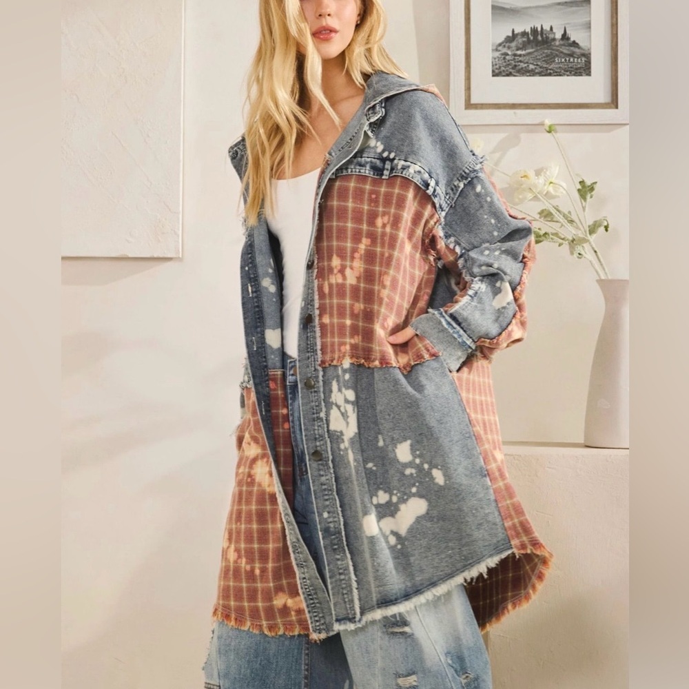 Oli & Hali XL Patchwork Denim Hooded Jacket Frayed Edge Plaid Oversized - Picture 4 of 9